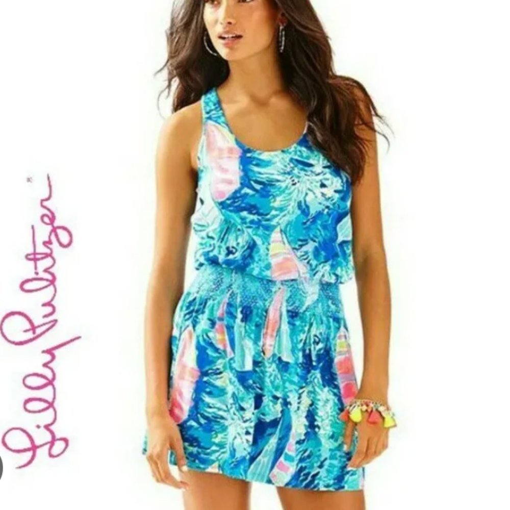 NWOT Lilly Pulitzer Tideline Dress Blue Hey Bay Bay Smocked Waist Medium